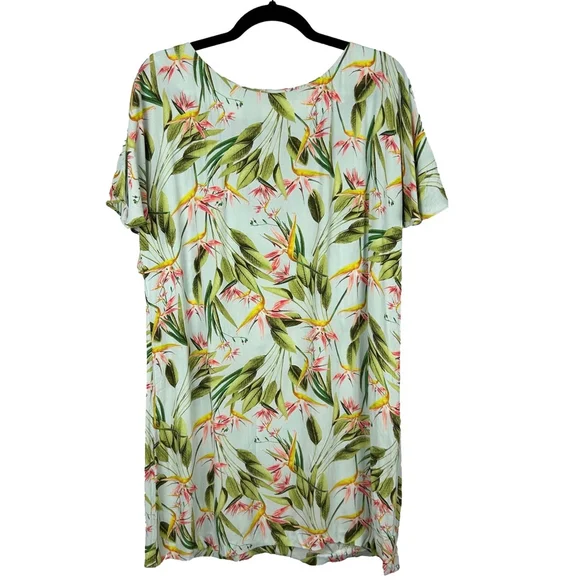 Zara Birds of Paradise Floral Open Back Dress Large Green Pink - Picture 2 of 16